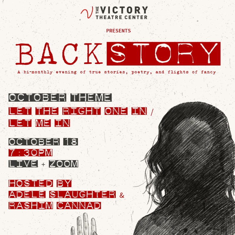 Red and black event text for "Backstory" is layered over a light-colored background featuring a dark, sketched silhouette of a person's head and shoulders.