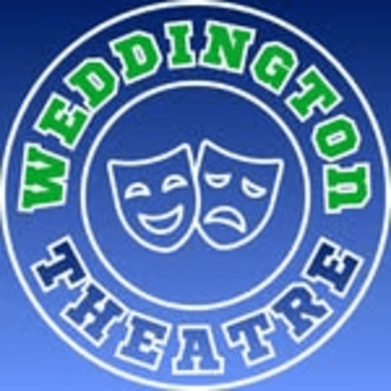 Two comedy and tragedy masks sit in the center of a circular logo with the words "WEDDINGTON THEATRE" against a blue gradient background.