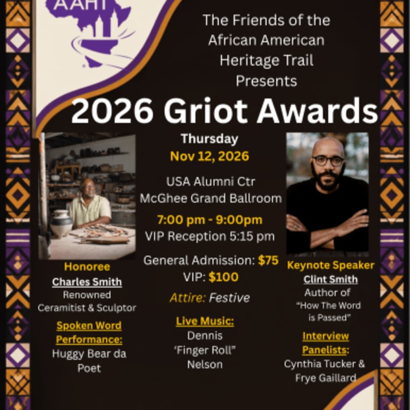 An event flyer for the 2026 Griot Awards features text and photos of Charles Smith and Clint Smith against a dark brown background with decorative purple and gold borders.