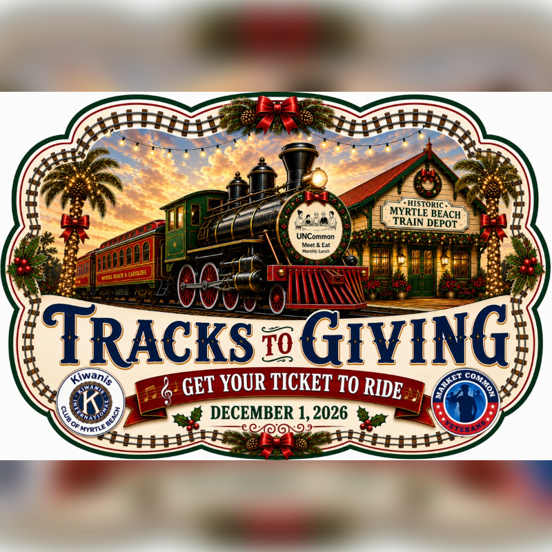 A festive steam locomotive sits before a historic train depot, framed by holiday decorations and the text "Tracks to Giving."