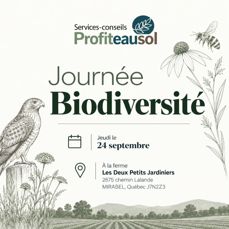 A promotional poster for "Journée Biodiversité" features a hawk and wildflowers in the foreground with a sketched landscape of fields and hills in the background.