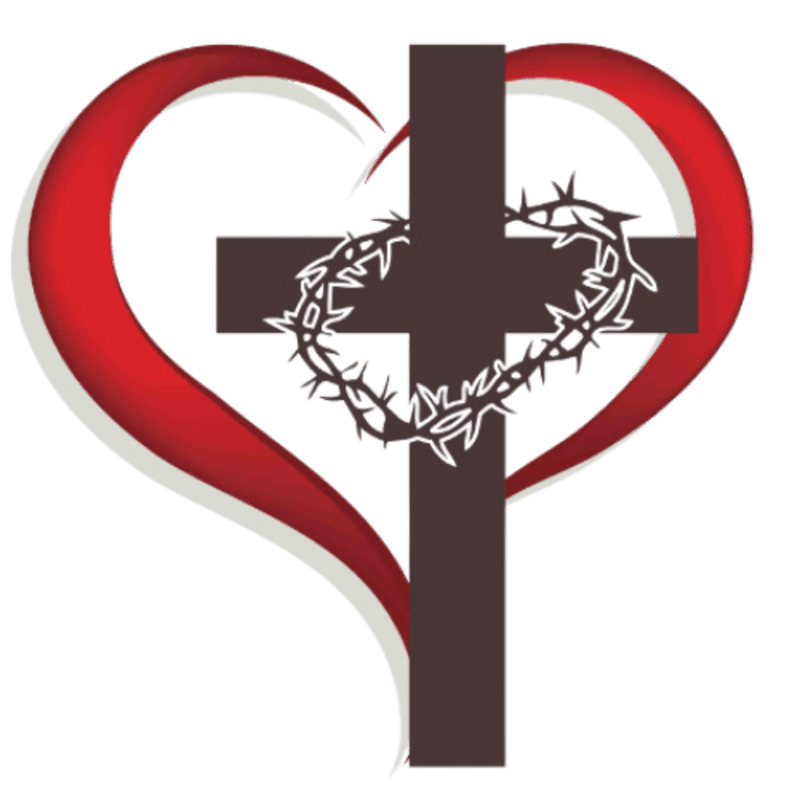 A brown cross with a crown of thorns in the foreground is set against a large red heart on a white background.