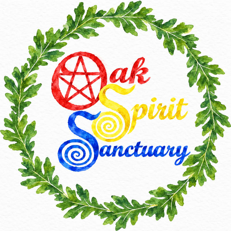 Colorful text reading "Oak Spirit Sanctuary" and a red pentagram are centered within a circular wreath of green oak leaves against a plain white background.