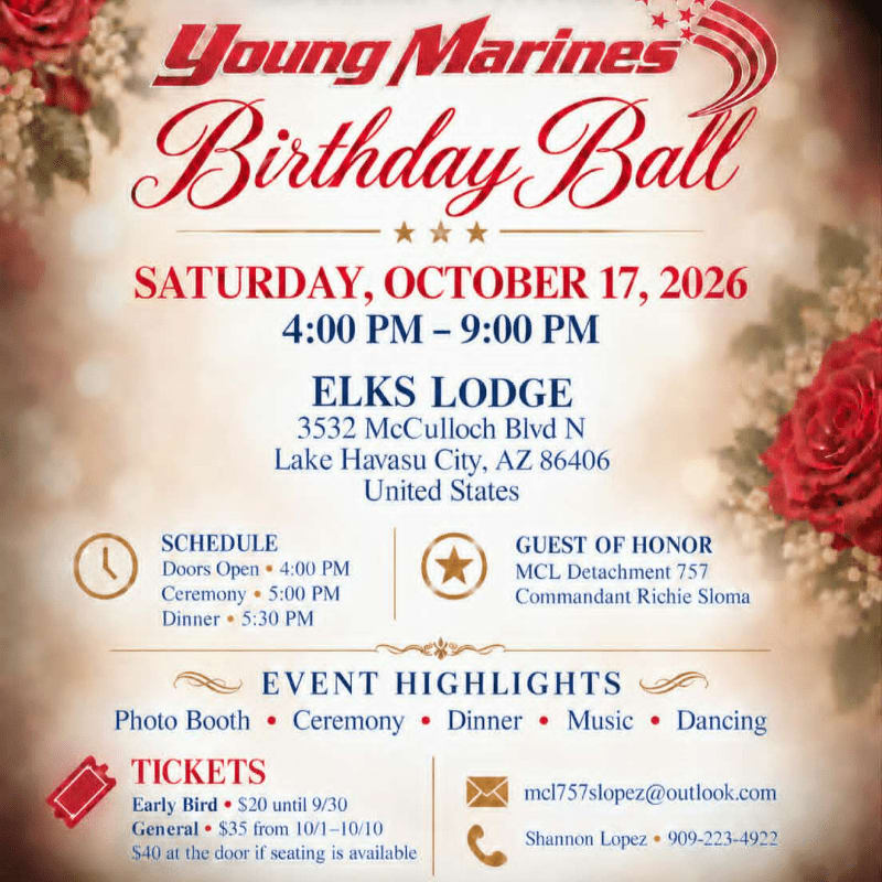 A red and white invitation for the Young Marines Birthday Ball is centered over a blurred background of golden bokeh lights and red roses.