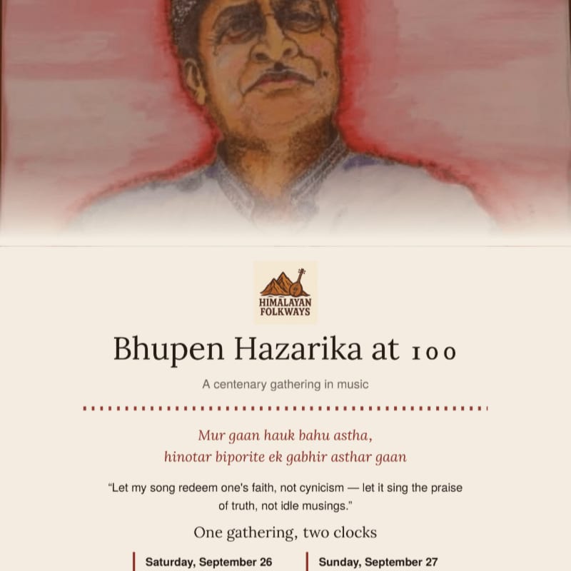 A painted portrait of Bhupen Hazarika against a red background sits above a white informational poster for a centenary musical gathering.
