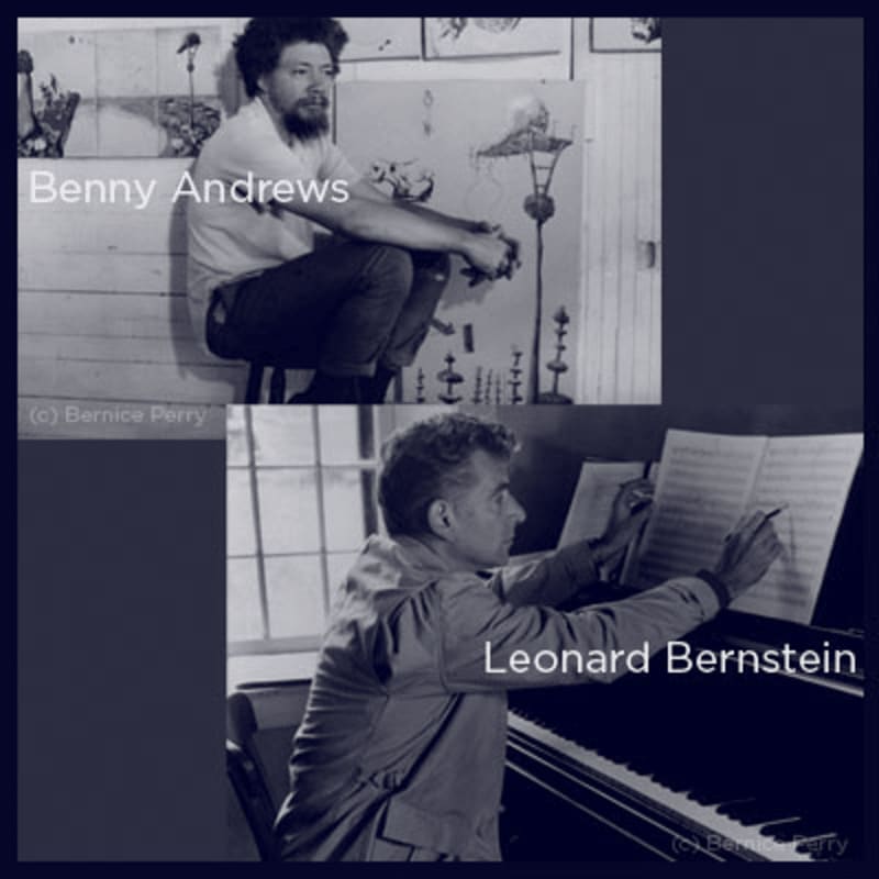 Two black and white photos feature Benny Andrews sitting in an art studio and Leonard Bernstein writing music at a piano.
