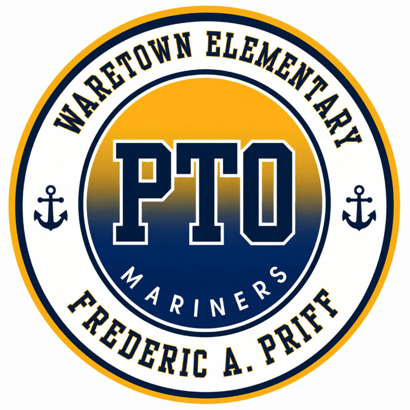 A circular logo with "Waretown Elementary PTO Mariners Frederic A. Priff" written around the edge, featuring a large "PTO" in the center, is set against a white background.