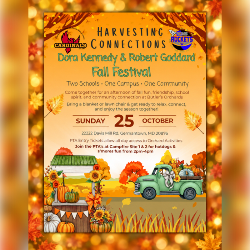A colorful fall festival flyer featuring event details in the center, with a festive autumn scene of a green truck and pumpkins in the foreground and a blurred golden leaf background.