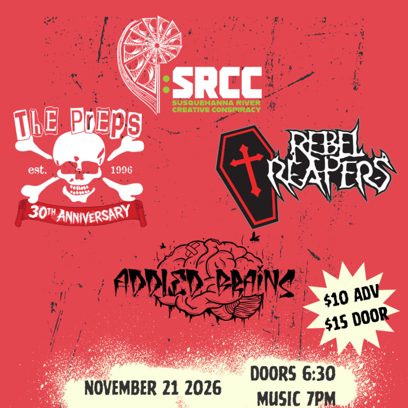 Various band logos and event details are displayed in the foreground against a textured red background.