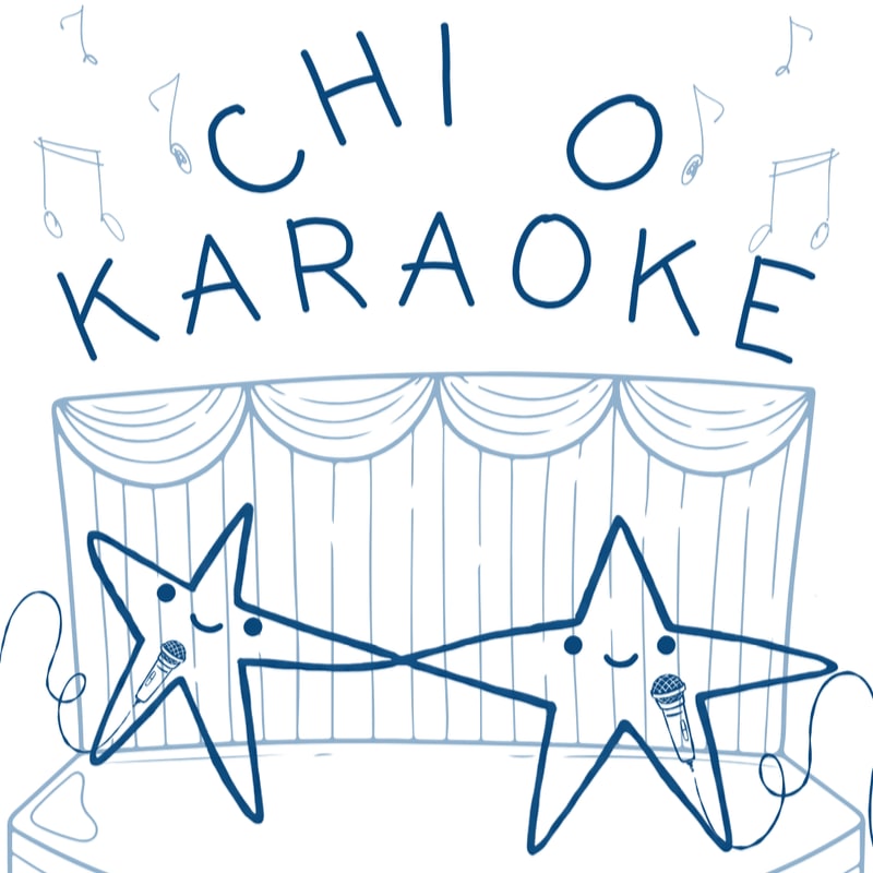 Two smiling stars sing into microphones on a stage in the foreground, with a curtain and the words "CHI O KARAOKE" surrounded by musical notes in the background.