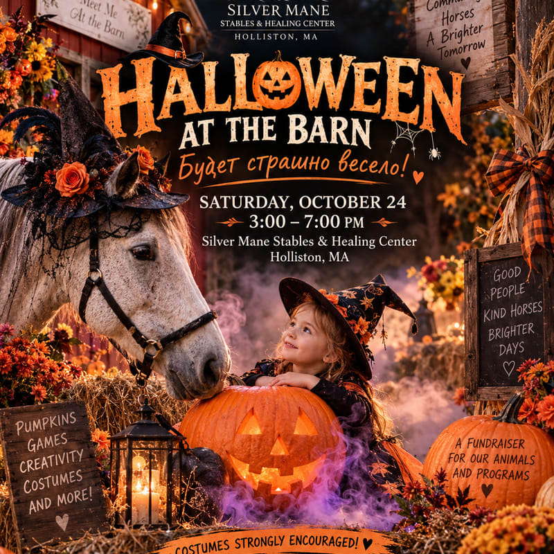 A young girl in a witch's hat leans on a glowing jack-o'-lantern next to a decorated horse, set against a festive autumn barn backdrop with event text.