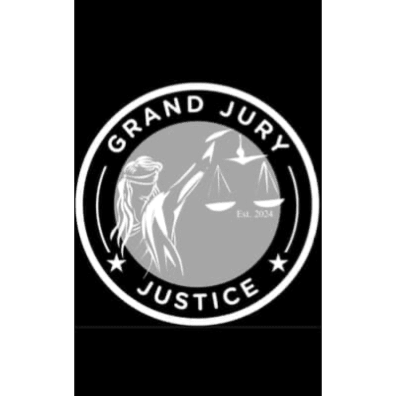 A white circular logo featuring Lady Justice and a scale is centered against a solid black background.