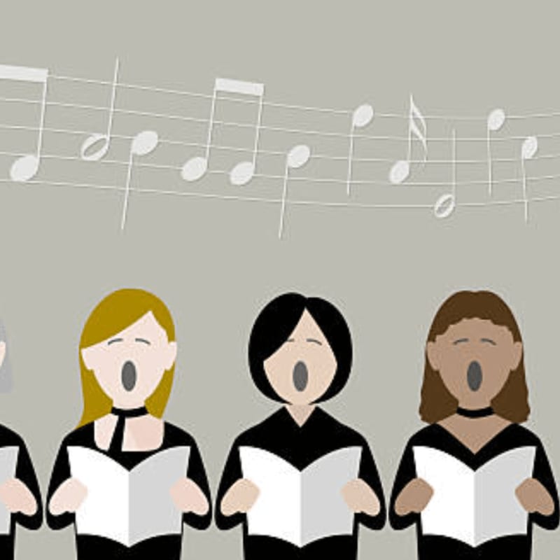 Four women in black dresses sing from white sheet music against a grey background featuring floating musical notes.