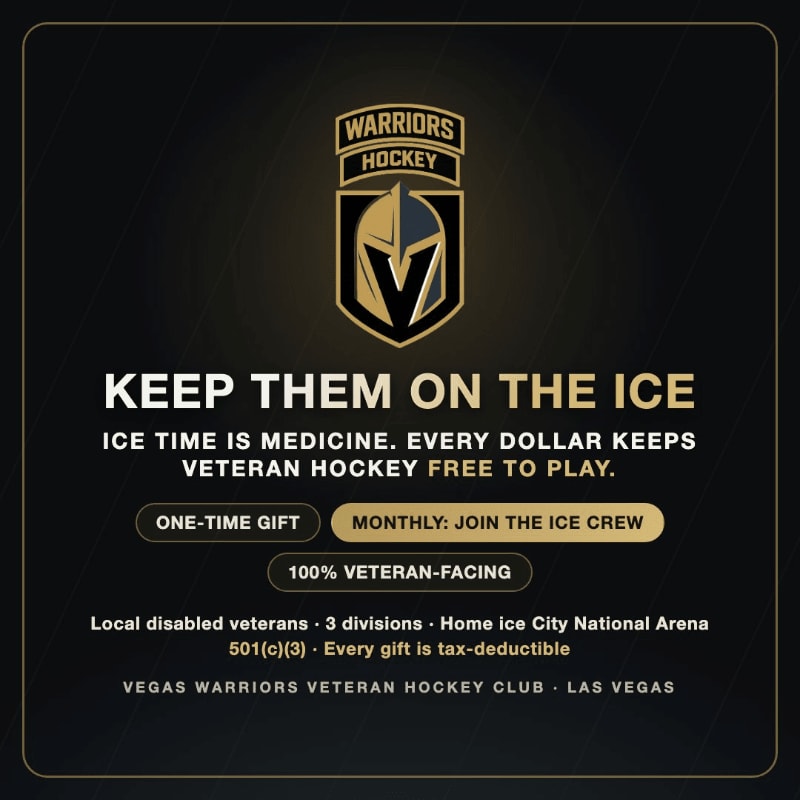 A gold and white promotional text for the Vegas Warriors Veteran Hockey Club is centered against a dark, textured black background.