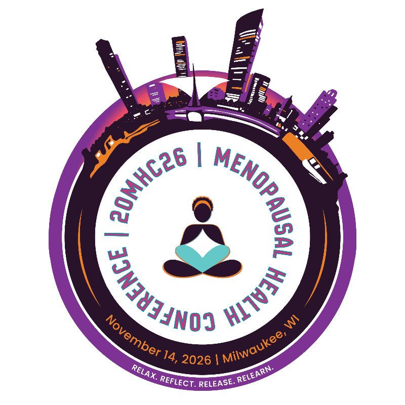 A silhouette of a person meditating sits in the center of a circular logo, surrounded by text and a purple city skyline in the background.