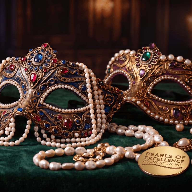 Two ornate, jewel-encrusted masquerade masks and a pearl necklace with a gold medallion rest on a green velvet surface against a dark, blurred background.
