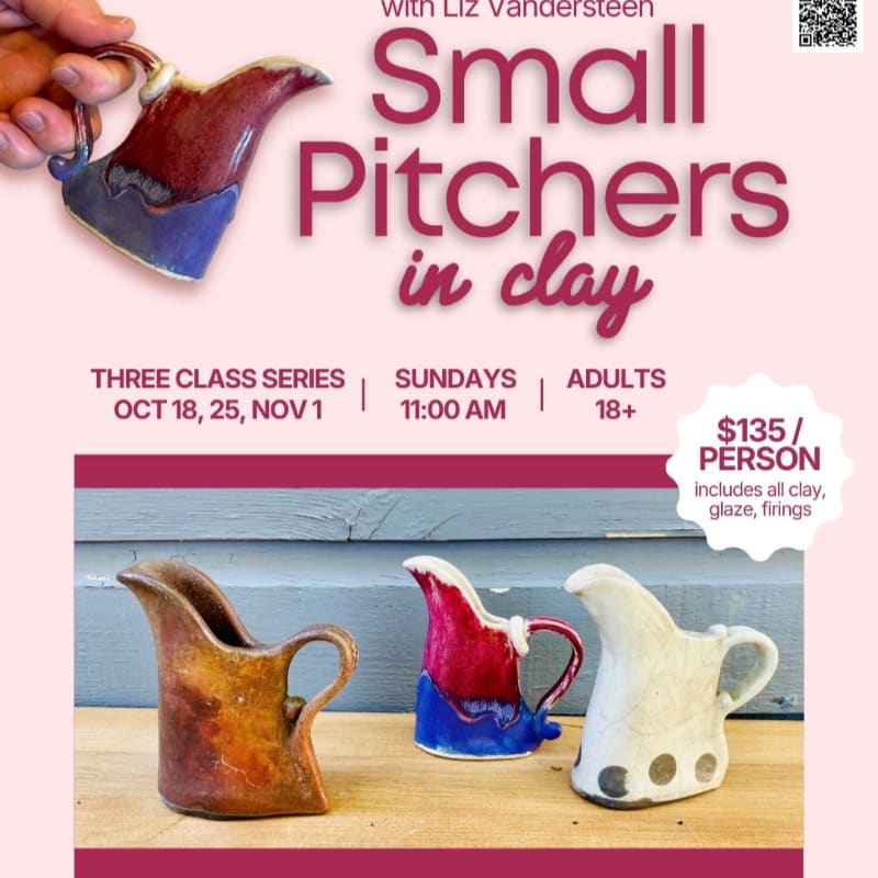 Three small handmade clay pitchers sit on a wooden surface against a blue wooden wall, with promotional text and a hand holding a pitcher in the background.