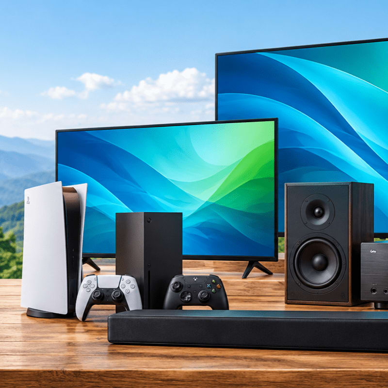 Gaming consoles, controllers, speakers, and a soundbar sit on a wooden table in front of two large monitors against a backdrop of blue skies and distant mountains.