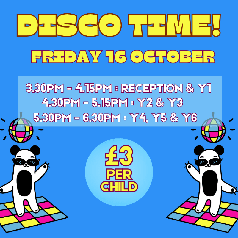 Two dancing pandas and a price tag are in the foreground of a blue background featuring disco event details.
