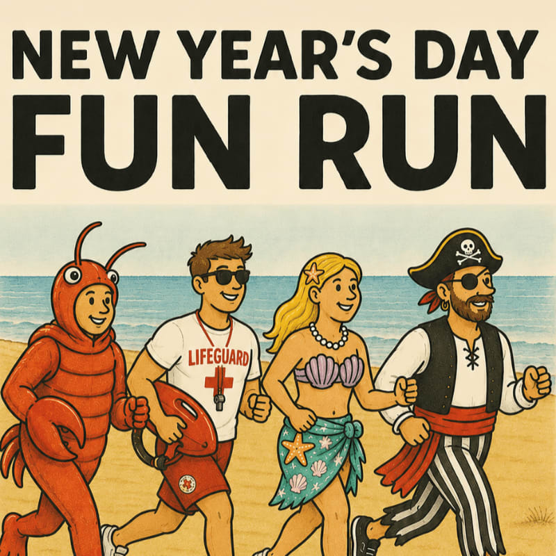 A lobster-costumed person, a lifeguard, a woman in a seashell bikini, and a pirate run along a sandy beach with the ocean in the background.