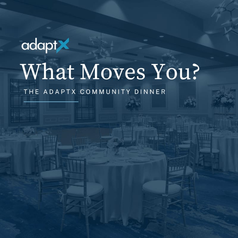 White text and a logo overlay a blue-tinted scene of a banquet hall filled with set round tables and chairs.