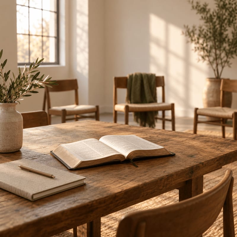 An open book and notebook sit on a rustic wooden table in the foreground, with wooden chairs and a potted plant in a sunlit room in the background.