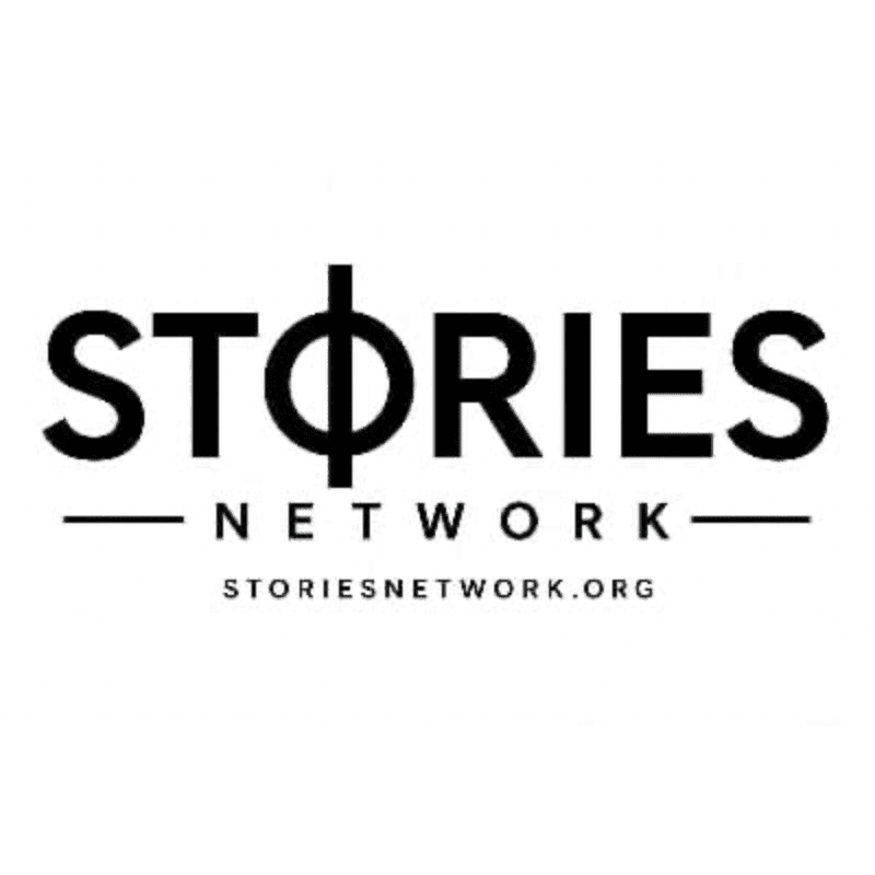 Bold black text spelling "STORIES" with a stylized "O" as a circle with a vertical line through it, is centered above the words "NETWORK" and "STORIESNETWORK.ORG" on a plain white background.