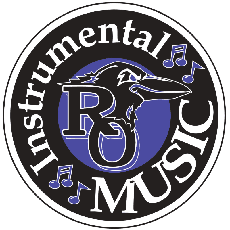A black raven with a stylized "R" and "O" on its chest is centered within a circular logo that reads "Instrumental Music" in white text against a black background, with musical notes scattered around.