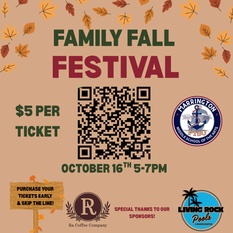 A "Family Fall Festival" flyer with event details, a QR code, and sponsor logos is set against a tan background framed by scattered autumn leaves.
