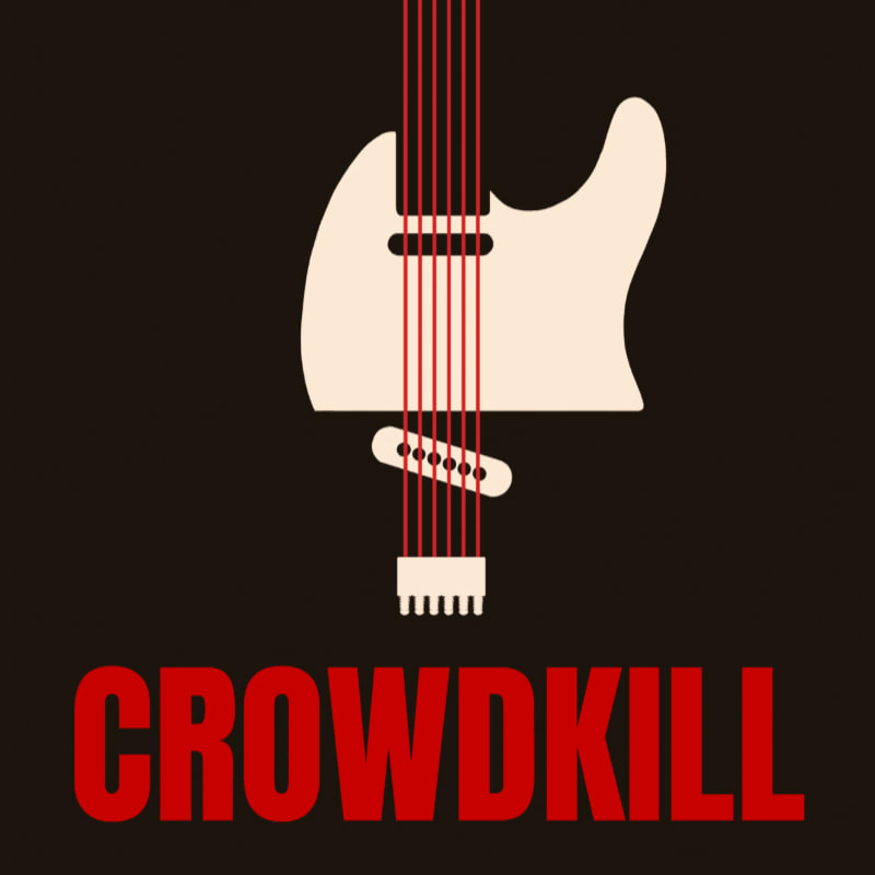 A white electric guitar with red strings and the word "CROWDKILL" in red text are centered against a solid black background.