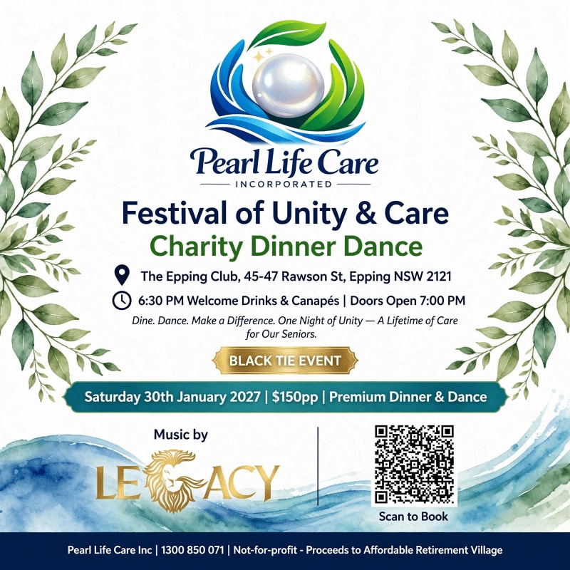 An event flyer for the "Festival of Unity & Care Charity Dinner Dance" features event details and a QR code in the center, framed by green leafy branches on the sides and a blue watercolor wash at the bottom.