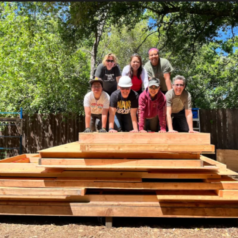 Six people smile behind a large stack of lumber in a sunny outdoor area with green trees and a wooden fence.