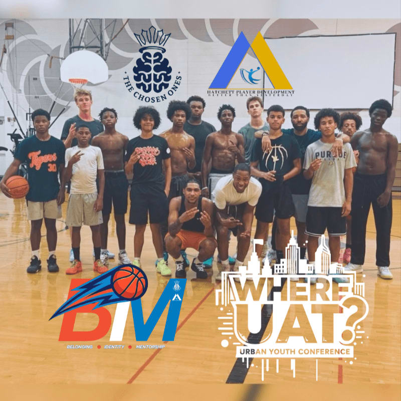 A group of young men pose together on a basketball court, with various logos and text overlays in the foreground and a gym interior in the background.