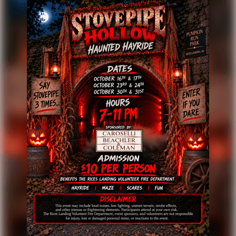 A promotional poster for "Stovepipe Hollow Haunted Hayride" features carved pumpkins and wooden signs in the foreground against a backdrop of a spooky, lit tunnel entrance.