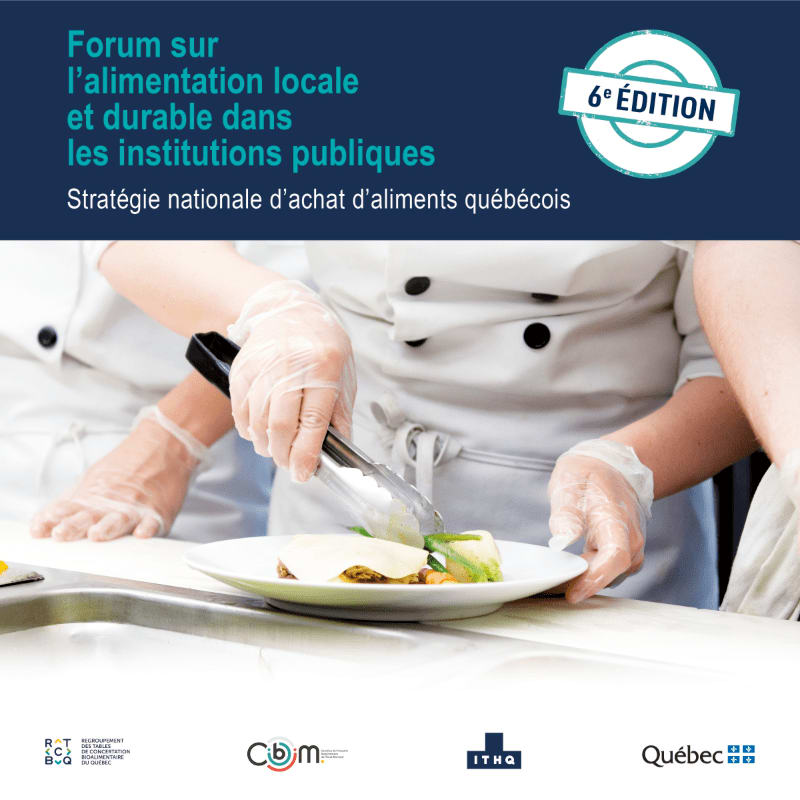 A chef in white attire and gloves plates a meal in the foreground, set against a dark blue header with French text and logos at the bottom.
