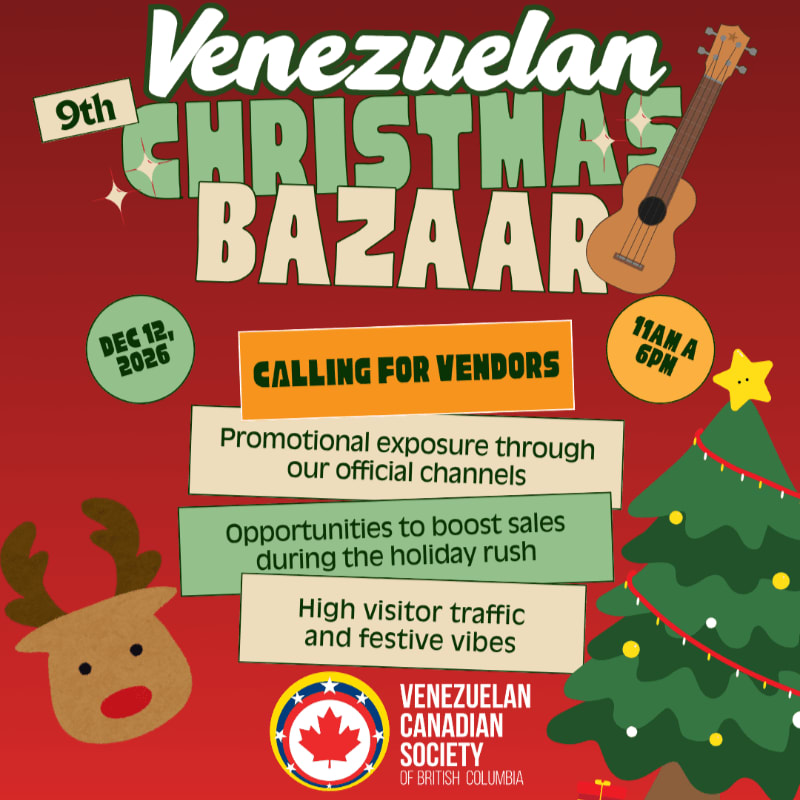 A promotional flyer for the 9th Venezuelan Christmas Bazaar features bold text and vendor call-outs in the foreground against a red background decorated with a guitar, a reindeer, and a Christmas tree.