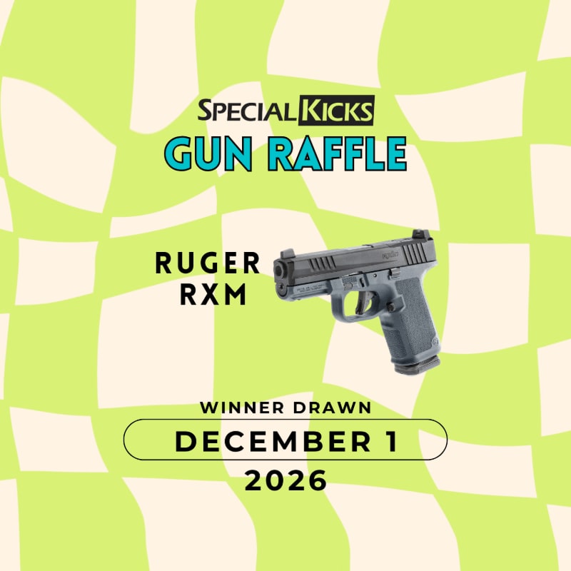A black Ruger RXM handgun and raffle text are centered over a lime green and white checkered background.