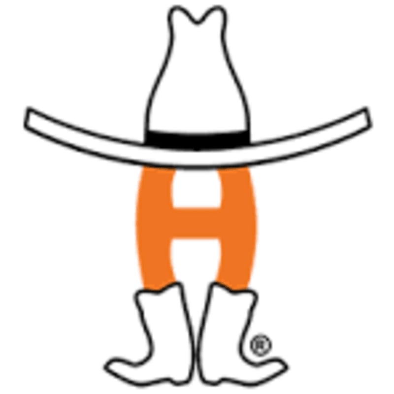 An orange letter "H" wearing a white cowboy hat and boots stands against a white background.