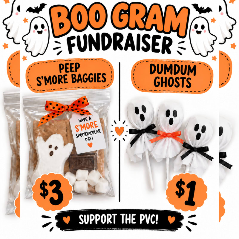 A fundraiser flyer features s'more baggies and ghost lollipops in the foreground against a white background decorated with orange accents and cartoon ghosts.