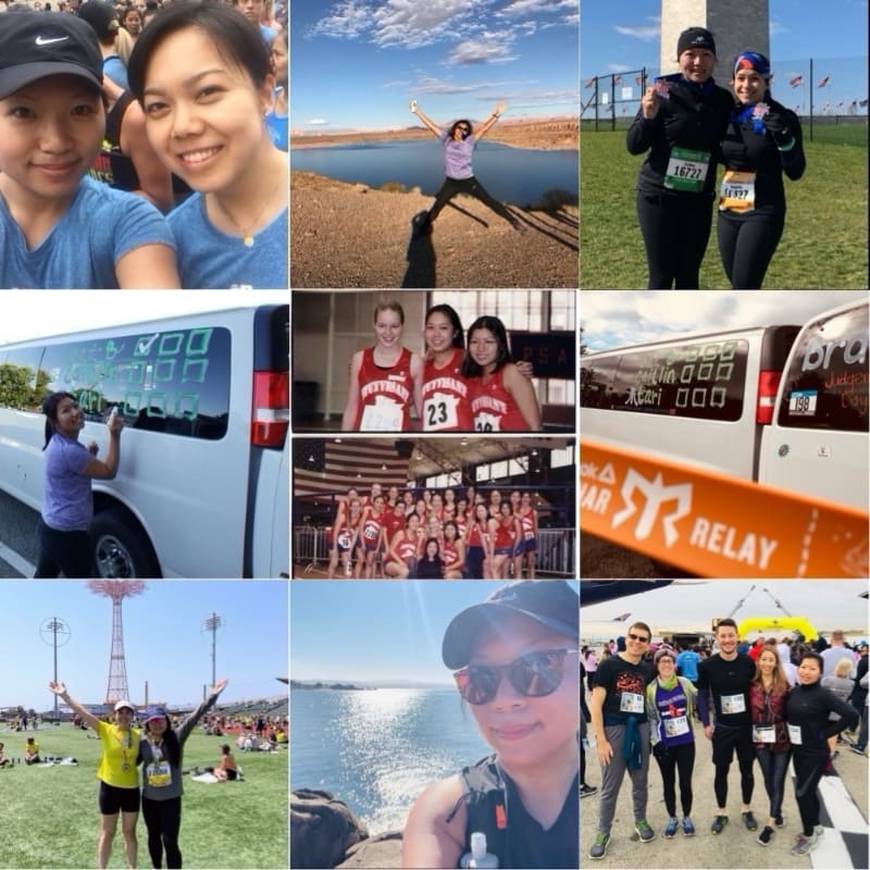 A collage of photos features various people smiling, running, and posing in outdoor settings with landscapes and vehicles in the background.