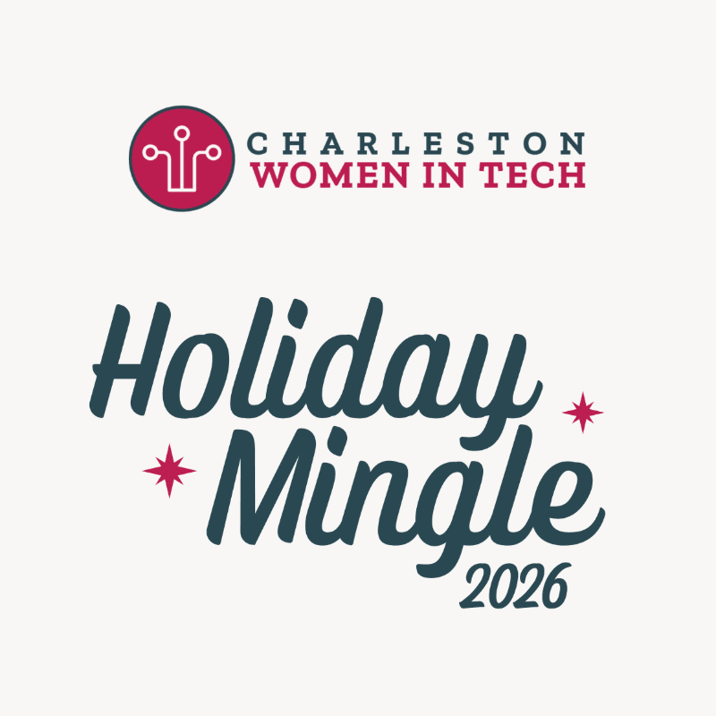 Dark blue "Holiday Mingle 2026" text with red stars sits in the foreground against a light grey background featuring the Charleston Women in Tech logo.