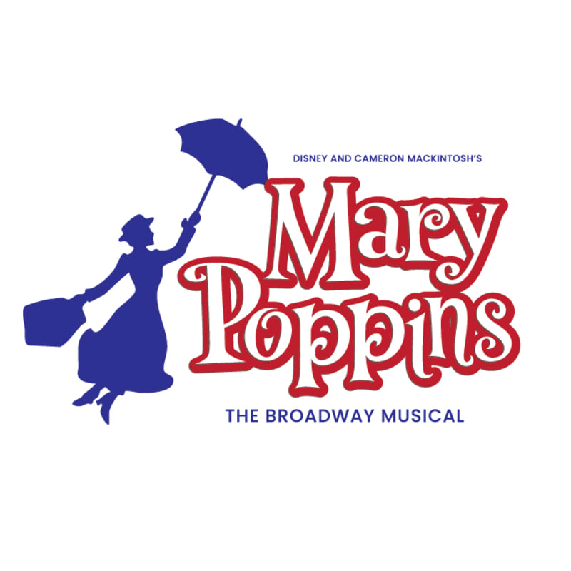 A blue silhouette of Mary Poppins with an umbrella and bag stands beside the red and white "Mary Poppins" logo against a plain white background.