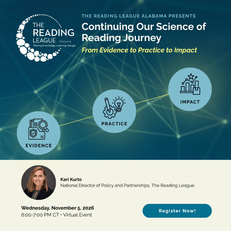 An event flyer for The Reading League Alabama features a progression from "Evidence" to "Practice" to "Impact" over a dark blue geometric network background, with speaker details and a registration button at the bottom.