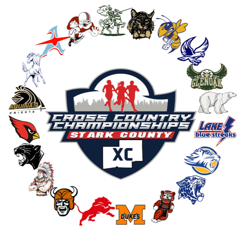A central logo for the Stark County Cross Country Championships is surrounded by a circular arrangement of various school sports mascots against a plain white background.