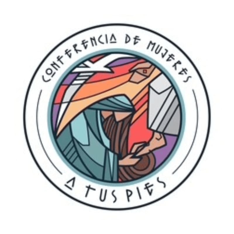 A stylized illustration of a woman kneeling in prayer in the foreground, set against a colorful background of abstract shapes and a white circular border containing the text "CONFERENCIA DE MUJERES A TUS PIES".
