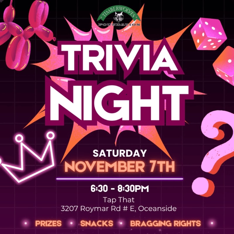 Bold "TRIVIA NIGHT" text and event details occupy the foreground, set against a dark purple background featuring a balloon dog, dice, a crown, and a question mark.