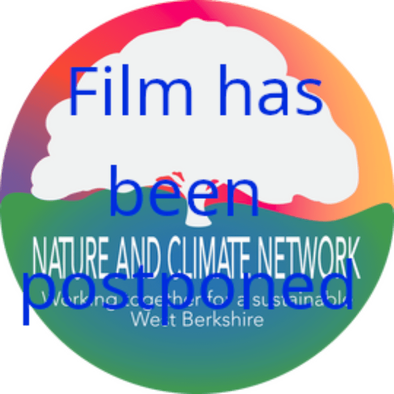 A white tree silhouette stands against a colorful gradient background, with the words "NATURE AND CLIMATE NETWORK" and "Working together for a sustainable West Berkshire" in the foreground.