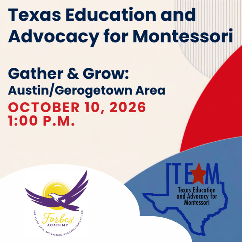 Event details for "Texas Education and Advocacy for Montessori" are displayed in the foreground against a background of white, red, and blue geometric shapes and logos.