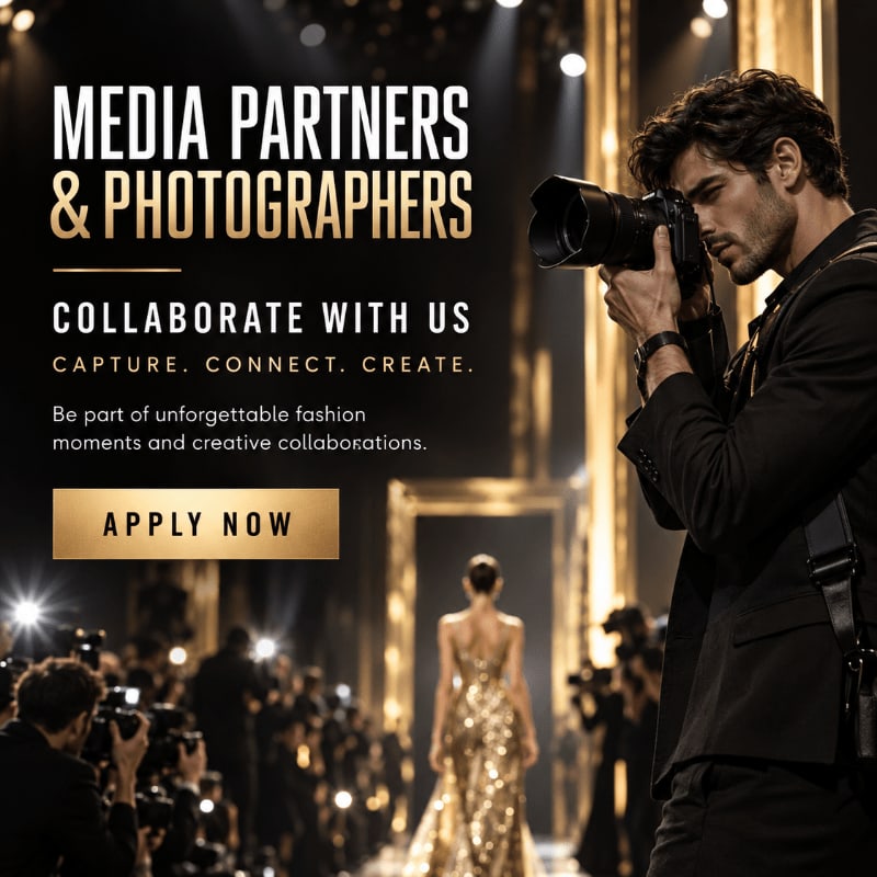 A male photographer in a black suit holds a camera in the foreground, while a model in a gold gown walks a runway amidst a crowd of photographers in the background.