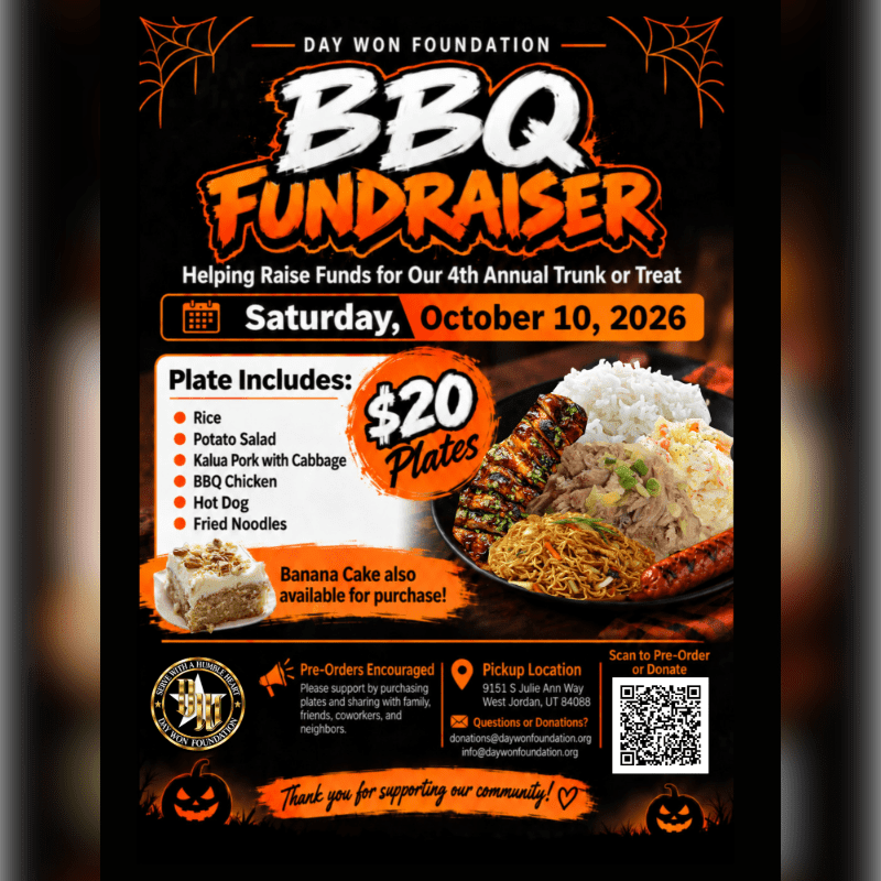 A BBQ fundraiser flyer featuring a detailed food plate in the foreground against a dark, Halloween-themed background with spiderwebs and pumpkins.